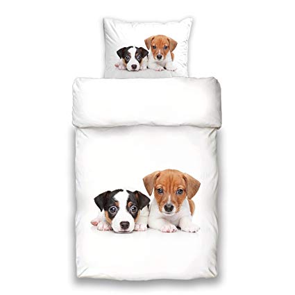 2 Tlg Kinder Bettwäsche Bettbezug Bettgarnitur Hund Punkte 100x135 Weiß Grün 